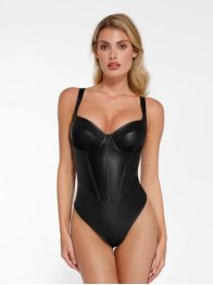 Shapewear Faux Leather Hourglass Corset Bodysuit
